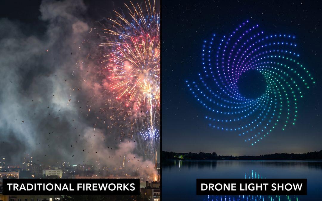 дрон шоу срещу фойерверки сравнение